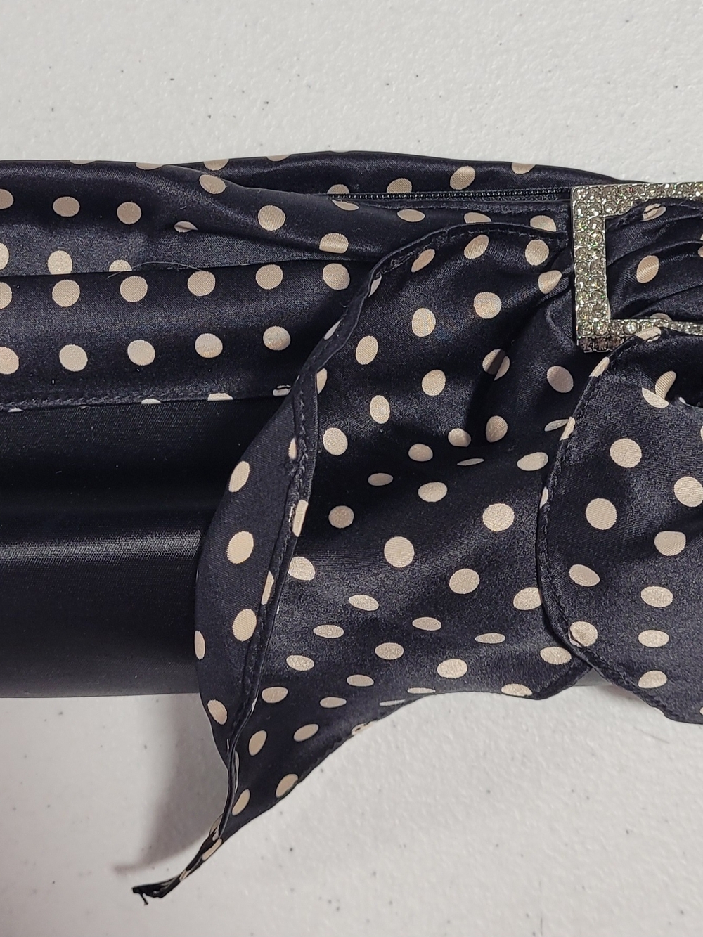 Black Polka Dot Satin Bow Clutch with Rhinestone Buckle